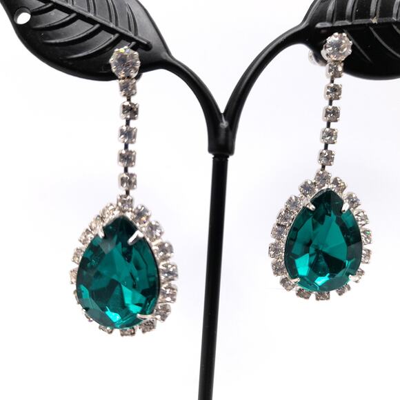 Vintage Green Rhinestone Drop Earrings, Clear Crystal, 1990s Statement Jewelry - Picture 2 of 10